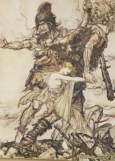 Wagner, Richard - The Ring of the Niblung. 2 vols. (The Rhinegold and The Valkyrie; Siegfried and the Twilight of the Gods). With illustrations by Arthur Rackham. Translated by Margaret Armour. pictorial titles, 64 colou